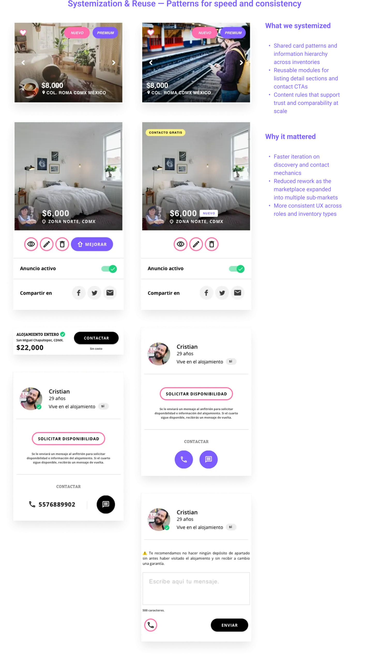 UI kit and reusable patterns used to standardize cards, listing detail modules, and contact CTAs across inventories.