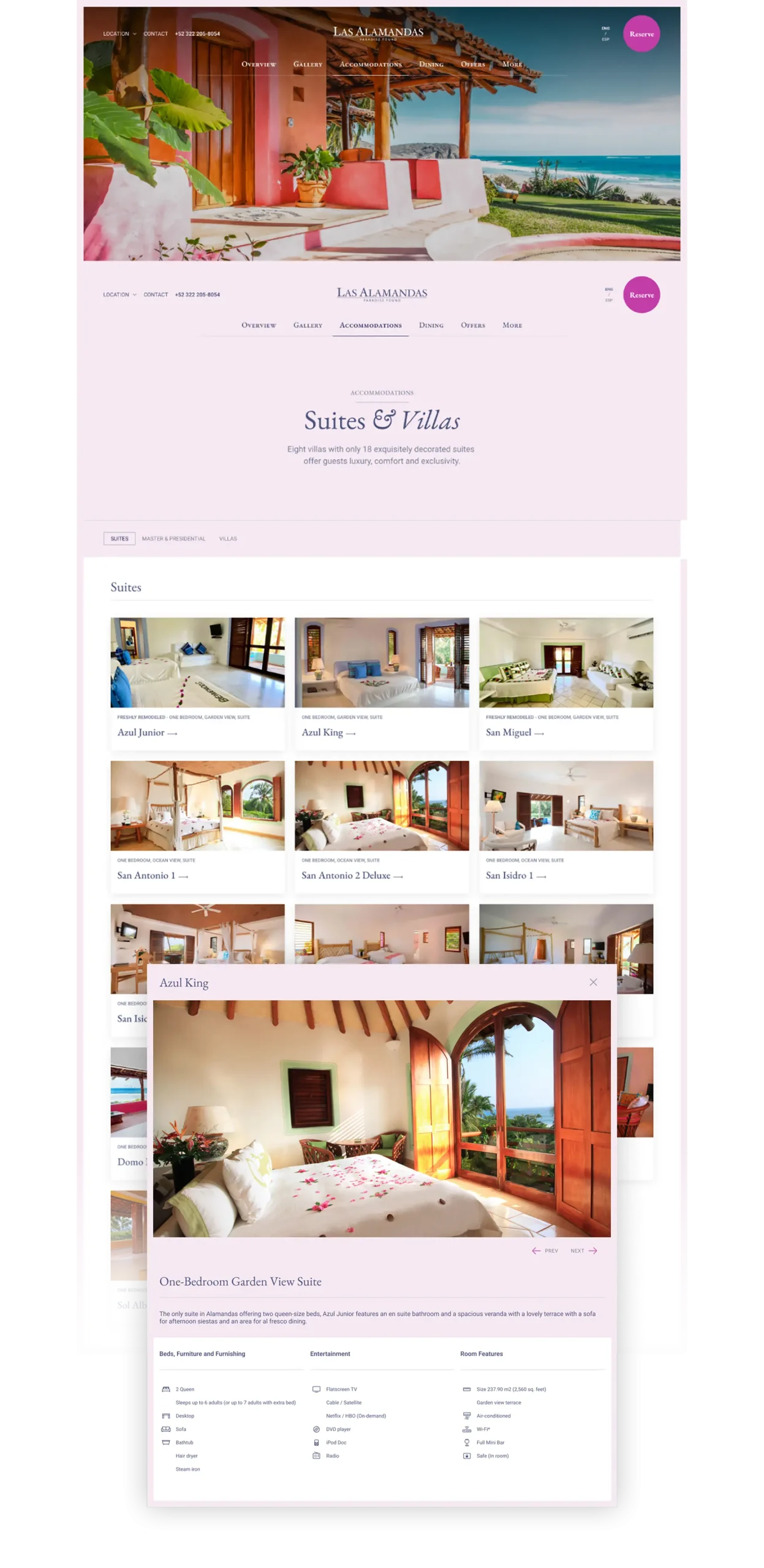 Accommodations catalog and room detail templates showing card-based browsing and a structured detail layout with clear booking entry points.